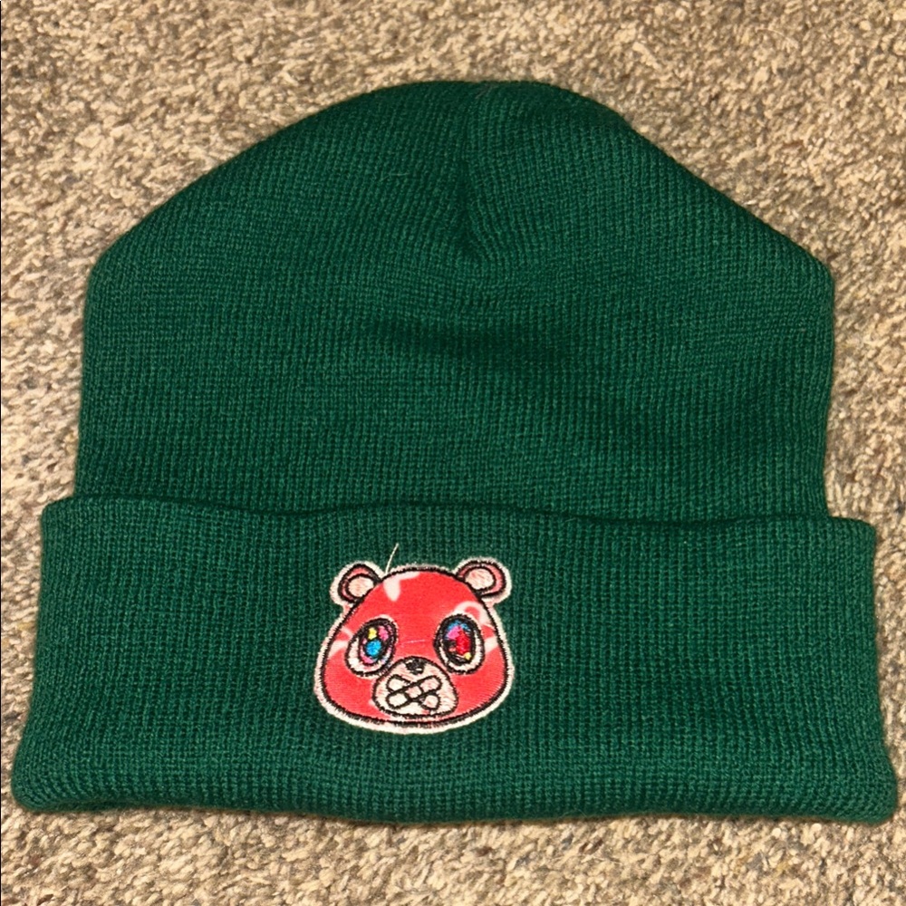 Green Beanie with Bear Patch